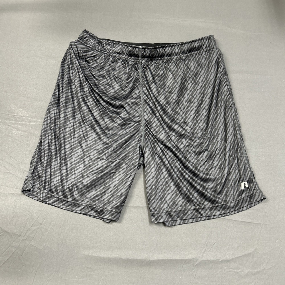 Russell athletic shorts featuring a grey and black striped pattern Size L